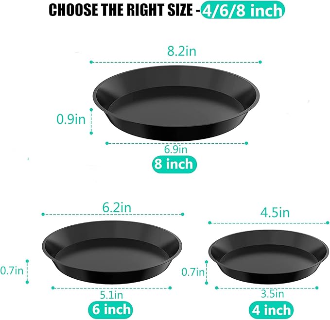 6 Pack Plant Saucer 4 6 8 Inch Plastic Plant Tray, Sturdy and Durable Flower Pot Container Accessories Plant Pot Saucers for Indoor and Outdoor (4 6 8 Inch, Black)
