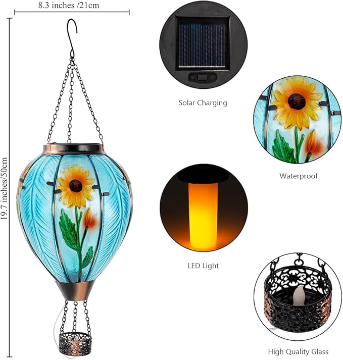 Starsoul Large Solar Hot Air Balloon Lantern with Flame Sunflower Glass Hanging Outdoor Hot Air Balloon Solar Light Waterproof Garden Patio Yard Party Decorations