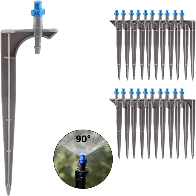Garden Irrigation System, 20Pcs/Bag Irrigation Dripper with Ground Insert Fruit Tree Drip Irrigation Emitters for 1/4 inch drip Irrigation tubing(90 Degree with Plunger)