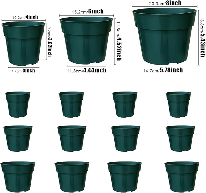 15 Pack 4/6/8 Inch Plant Nursery Pots, Thickened Plastic Pots for Plants with Drainage Holes, Sturdy Seedling Pots, Seed Starting Pots, Flower Pots for Indoor Outdoor Plants, Green