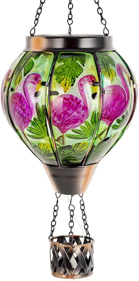 Flamingo Solar Hot Air Balloon Flickering Flame Hanging Garden Light,Glass Hot Air Balloon Solar Lanterns Outdoor Waterproof for Patio Tree Yard Decor,Flamingo Lantern Birthday Gifts for Women