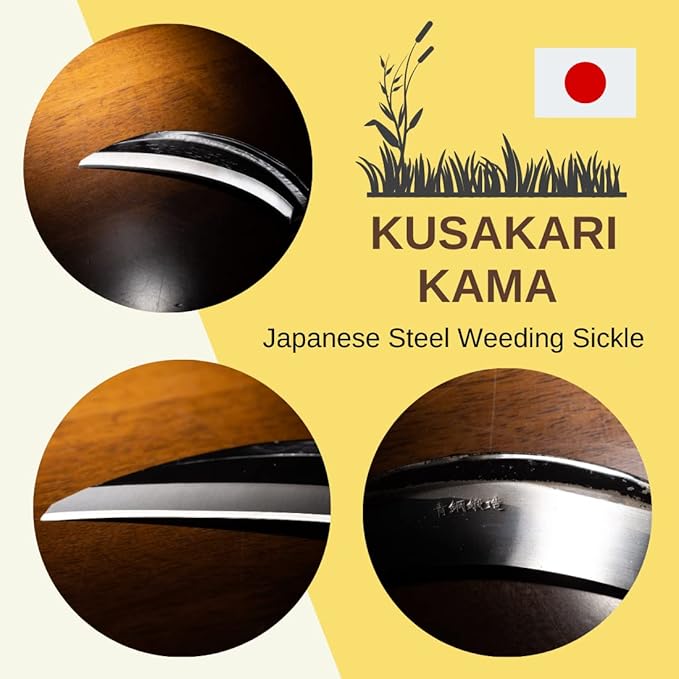 Japanese Weeding Sickle (Middle Thick Blade), High Grade Steel Blade (Blue Steel No.2) Hand Tool for Gardening, Weeding and Farming, Light Weight, Blade Length 7.09inch