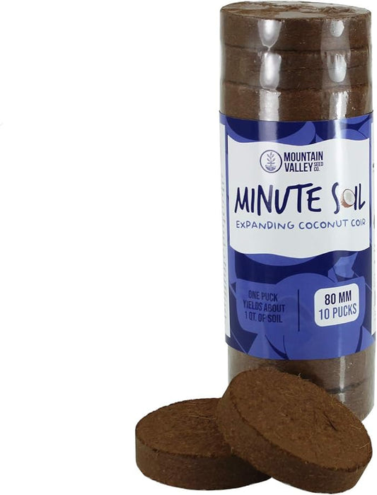Minute Soil - Compressed Coco Coir Fiber Grow Medium - 80 MM Pucks - 10 Pack = 2.5 Gallons of Potting Soil - Indoor Container Growing: Wheatgrass, Microgreens, Flowers - Just Add Water - OMRI Organic