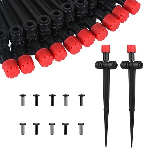 25 Pcs Drip Irrigation Emitters with Stake - Adjustable Drip Emitter Stream for 1/4" Drip Line Irrigation Tubing - Drip Irrigation System Parts Drippers Sprinkler Heads for Garden Watering System -Red