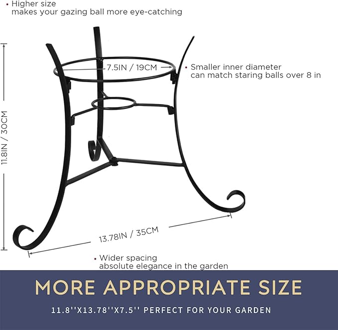 12" Tall Iron Gazing Ball Stand, Classic Stylelish Garden Hardware Metal holder for 8/10/12-Inch, Strong and Durable handmade Gazing Globe Display Stand Decoration for Outdoor, Home, Yards