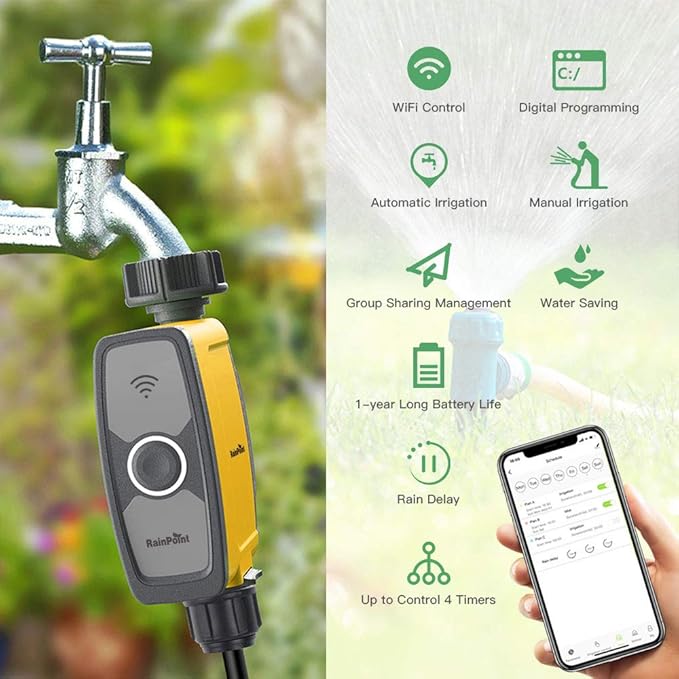 RAINPOINT WiFi Water Timer Hose Timer - Smart Garden Hose Faucet Timer with Weather Aware/3 Irrigation Plan/Automatic Rain Delay - APP Voice Control Sprinkler Valve Timer with WiFi Hub