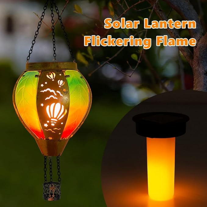 Hanging Solar Hot Air Balloon Lantern with Flame Outdoor Waterproof, Solar Outdoor Lanterns Light Garden Patio Decor Indoor, Balloon Lanterns Mother's Day Gifts for Women Grandma Mom