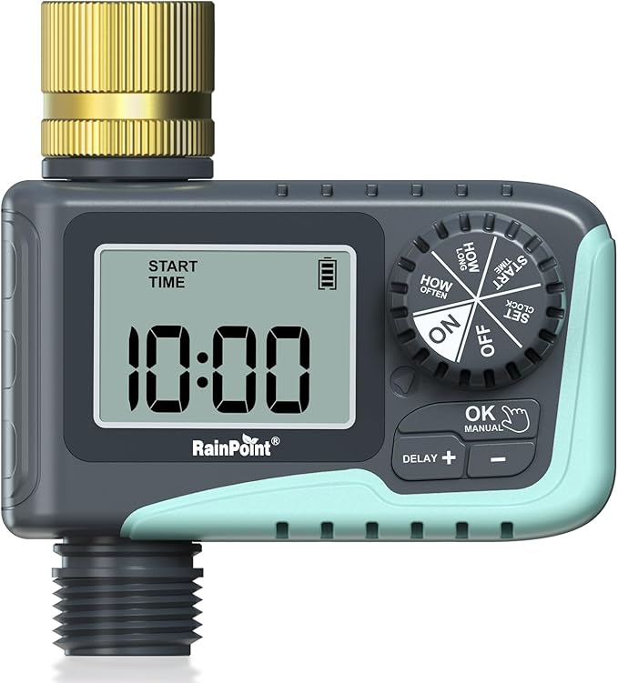 RAINPOINT Sprinkler Timer with Brass Swivel, Water Timer for Garden Hose, Programmable Hose Timer with Rain Delay/Manual Watering, Digital Irrigation Timer System for Lawns, 1 Outlet
