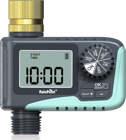 RAINPOINT Sprinkler Timer with Brass Swivel, Water Timer for Garden Hose, Programmable Hose Timer with Rain Delay/Manual Watering, Digital Irrigation Timer System for Lawns, 1 Outlet