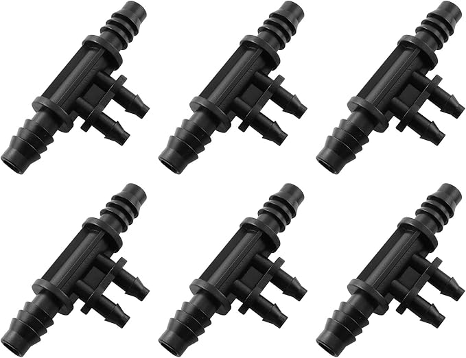 RLECS 6pcs 3/8 Inch to 1/4 Inch Greenhouse Drip Irrigation Water 4 Way Splitter for 4 mm Drip Hose Gardening Water Irrigation Fittings, Black