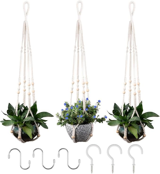 RIFNY Macrame Plant Hanger for 5 to 10 Inch Plant Pots, 35 Inch Indoor Handmade Woven Rope Hanger Kits with Hooks and Wood Beads, Hanging Planter Basket Holder for Boho Home Decor (White, 3 Pack)