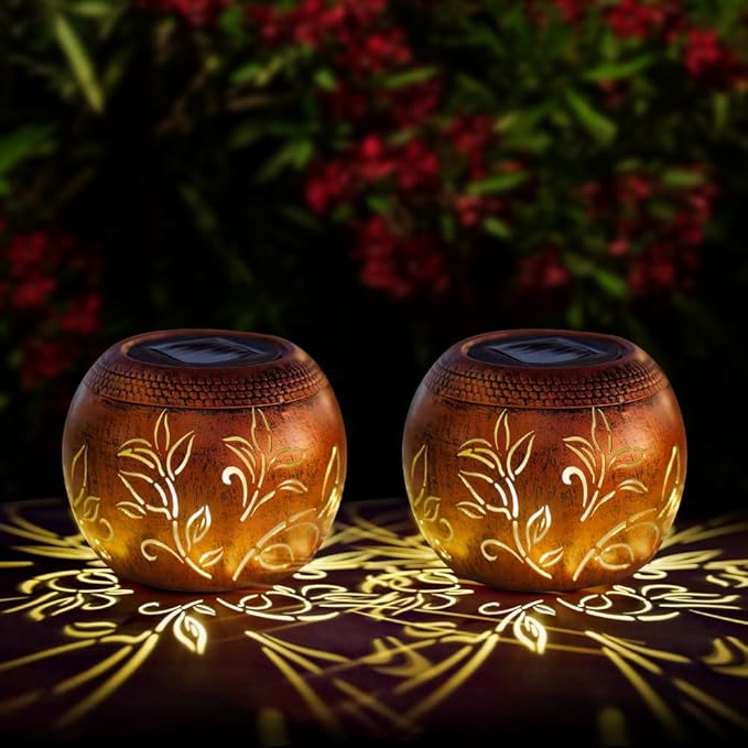 2 Pack Solar Lanterns Outdoor Waterproof, LED Hollow Out Flower Pattern Solar Lantern, Metal Decorative Solar Lanterns Outdoor for Desk Patio Garden Pathway Christmas Gifts
