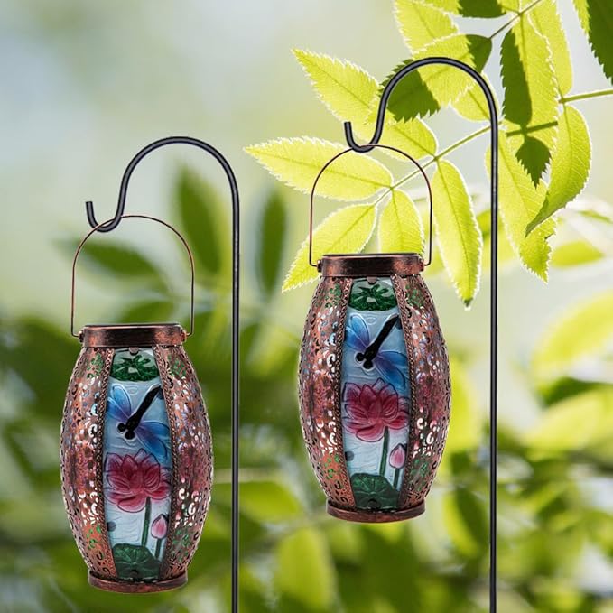 2PCS Dragonfly Solar Lanterns Glass & Metal Hanging Light Outdoor Waterproof 16" H Tabletop Lamp with Hollowed-Out Design with Shepherd's Hooks for Garden Patio Table Decor