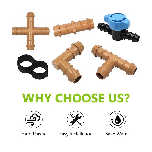 37 Pieces Drip Irrigation Fittings Kit for 1/2 Inch Tubing, Drip Irrigation Parts for Drip Sprinkler System - 12 Couplings, 9 Tees, 6 Elbows, 6 Plugs, 2 Crosses, 2 Valves Drip Line Connectors
