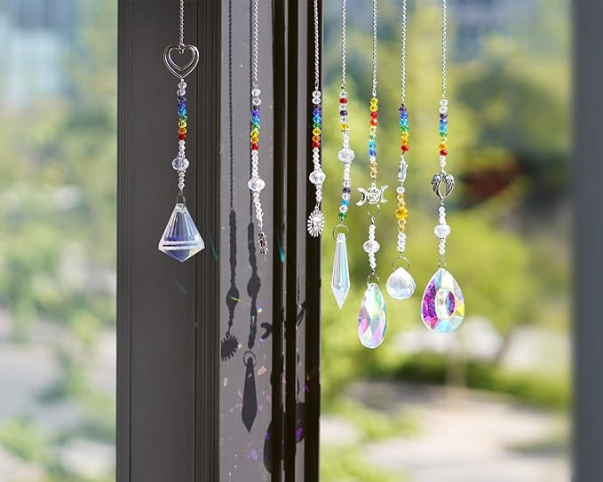 Suncatcher Crystal Prisms Hang Pendants Garden Window Sun Catcher Rainbow Chandelier Beads Chain Ornament, Pack of 7