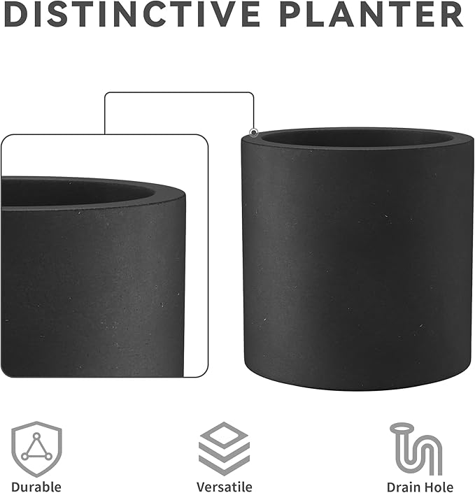 Kante 15.7" Dia Round Concrete Planter, Modern Style Large Cylindrical Plant Pot with Drainage Hole and Rubber Plug for Indoor Outdoor Patio, Black