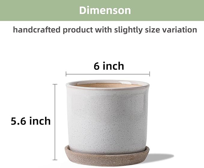 6 Inch Plant Pot: Ceramic Planter with Drainage Hole & Saucer for Indoor Outdoor Plants - Flowerpot with Bonded Tray for Home Office - Retro Style, Grey