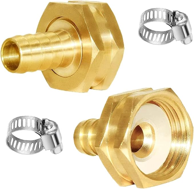 Joywayus 2Pcs 3/8" Barb x 3/4" Female GHT Thread Swivel Hex Brass Garden Water Hose Pipe Connector Copper Fitting with Stainless Clamp House/Boat/Lawn/Power Wash/Irrigation