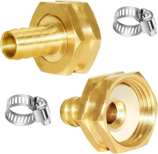 Joywayus 2Pcs 3/8" Barb x 3/4" Female GHT Thread Swivel Hex Brass Garden Water Hose Pipe Connector Copper Fitting with Stainless Clamp House/Boat/Lawn/Power Wash/Irrigation