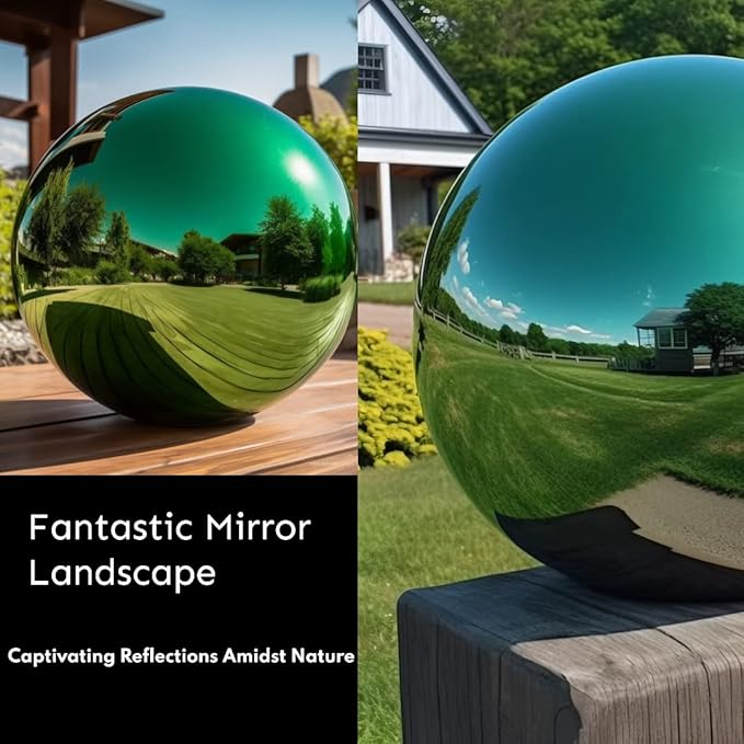 12 Inch Stainless Steel Gazing Globe,v2croft Hollow Ball Mirrored Surface Polished Shiny Sphere,Garden Stainless Steel Gazing Ball for Outdoor Lawn Pond Yard Ornament(Green)