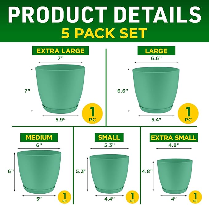 Planter Pots with Drainage Holes - Lightweight, Durable, & Space-Saving Pots for Indoor and Outdoor - Versatile Functionality, Simple Modern Design, Set of 5 Plastic Planter Pots Mint