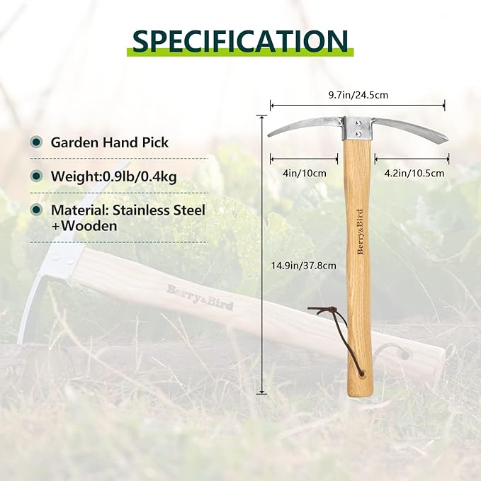 Berry&Bird Gardening Pick Axes, Stainless Steel Pickaxe Mattock Hoe with Wooden Handle, Heavy Duty Pick Axe Hand Tool for Transplanting Digging Planting Loosening Soil Camping or Prospecting