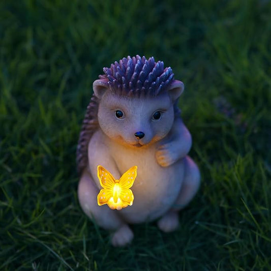 Solar Hedgehog Outdoor Statues Garden Decor with Butterfly LED Lights Hedgehog Statues for Patio Balcony Yard Lawn Ornament, Birthday Mother Day Gardening Gifts for Mom Grandma Women