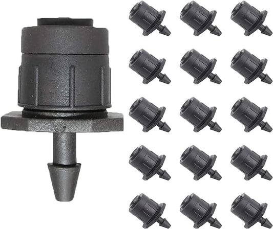 Juzizj 100 Pack Adjustable Irrigation Drippers 1/4 Inch Emitter Dripper 360 Degree Full Circle Pattern Water Flow Drip Emitter Micro Drip Irrigation Sprinklers for Home Garden Lawn(Black)