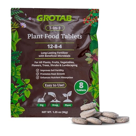 GROTAB 3-in-1 Plant Food Tablets 8 Tabs Natural 12-8-4 Plant Fertilizer Outdoor Indoor All-Purpose Flower Garden Vegetable Orchard Greenhouse Plant Fertilizer with Mycorrhizal Trichoderma Microbials