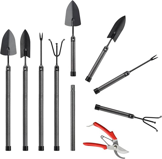 Garden Tool Set, 5Pcs Garden Tools with Extensions, Heavy Duty Rustproof Metal Gardening Tool Shovel Weeder Tiller Pruning Shear Gardening Supplies Gardening Gifts for Women Kids