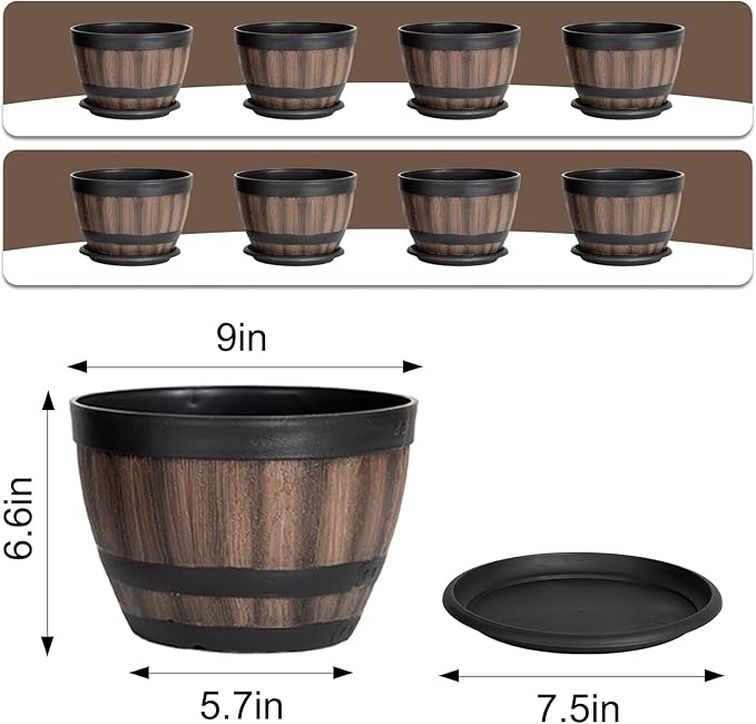 8 Pack Plant Pots with Drainage Holes, Include 8 of 9 inches Flower Pots with Saucers, Plastic Imitation Wine Barrel Design for Indoor Outdoor Garden Home Plants