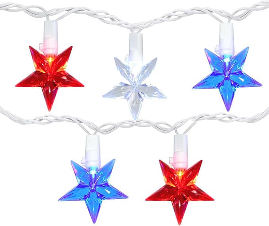 50 LED Red White and Blue Star Lights, 18.5FT 4th of July Lights Plug in, Patriotic Decorations Outdoor Star String Light for Home Patio Porch Garden Memorial Day Independence Day Decor, White Wire