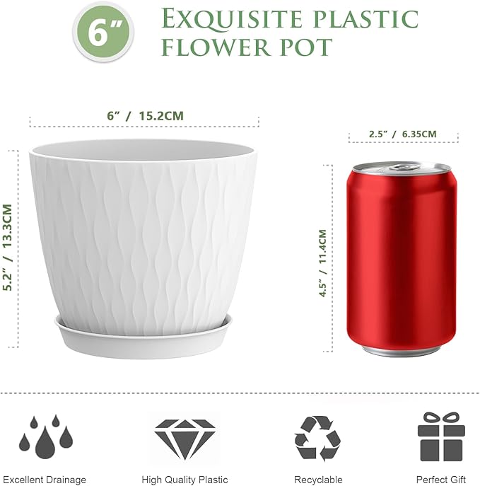 6 inch Flower Pots, 5 Pack Plant Pots with Drainage Holes and Saucers for Indoor Plants, Plastic Planters with Water Ripple for Small Garden House Plants, Nursery Pots for Succulent, White