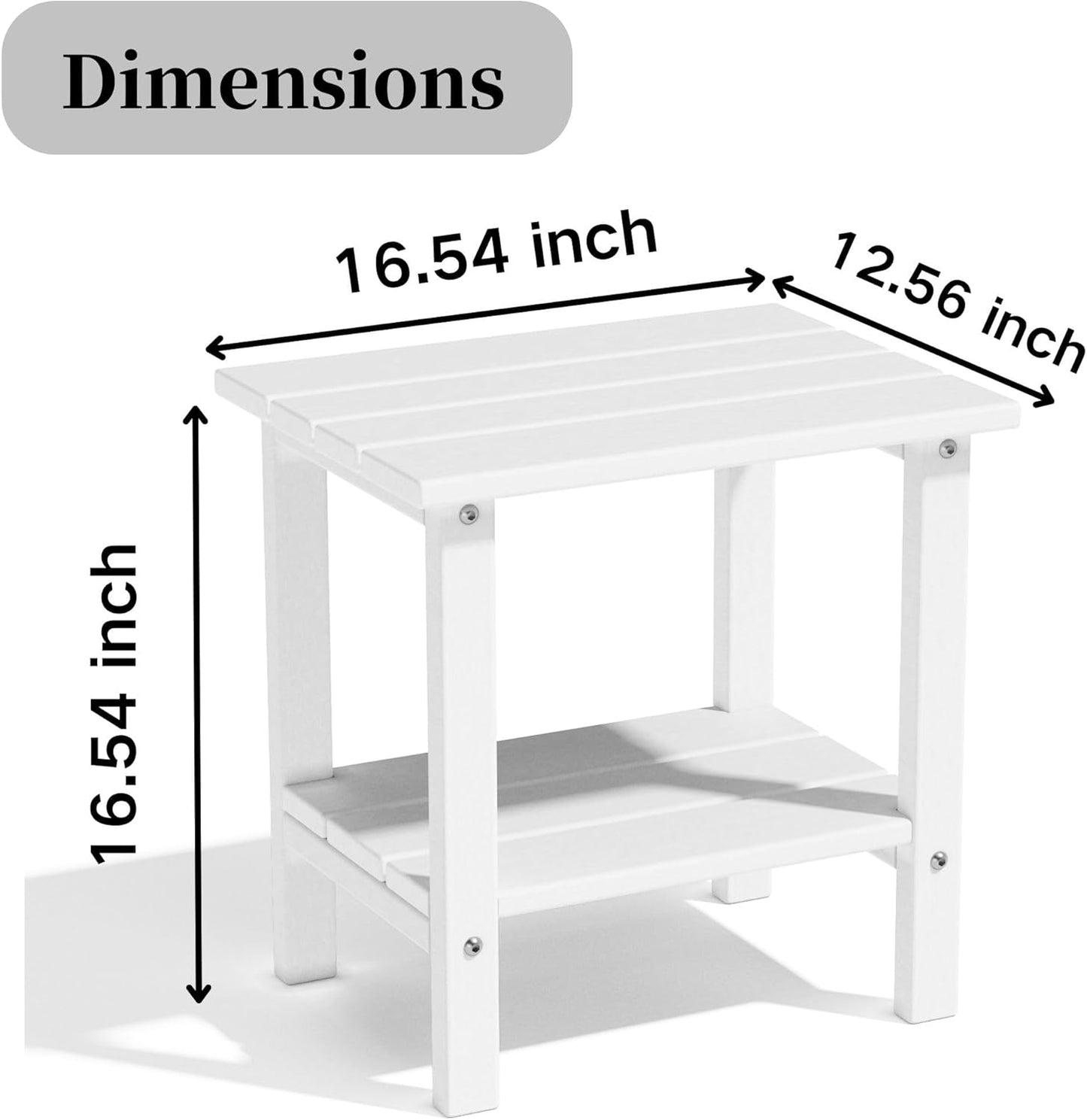 Outdoor Adirondack Side Table, 2-Tier Storage Patio Side Table, Weather Resistant Patio End Table for Backyard & Pool, Durable HDPE Small Outdoor Table (White)