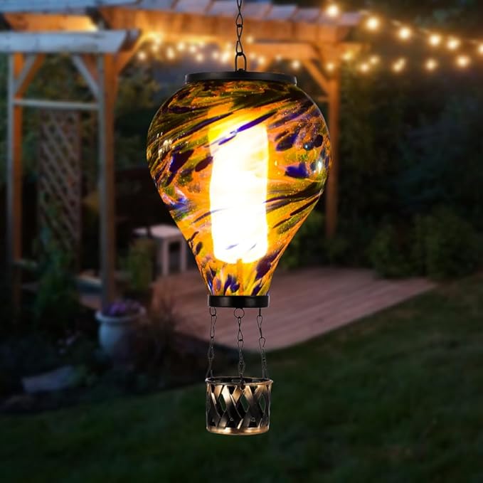 Starsoul Solar Hot Air Balloon Lantern with Flickering Flame Glass Hot Air Balloon Solar Light Waterproof Hanging Outdoor Lantern for Garden Yard Patio Decorations