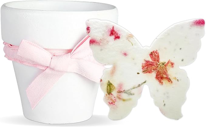 Set of 6 Seed Paper – 6 Pink Butterflies & 6 White Pots with Bow for Weddings & Life Events