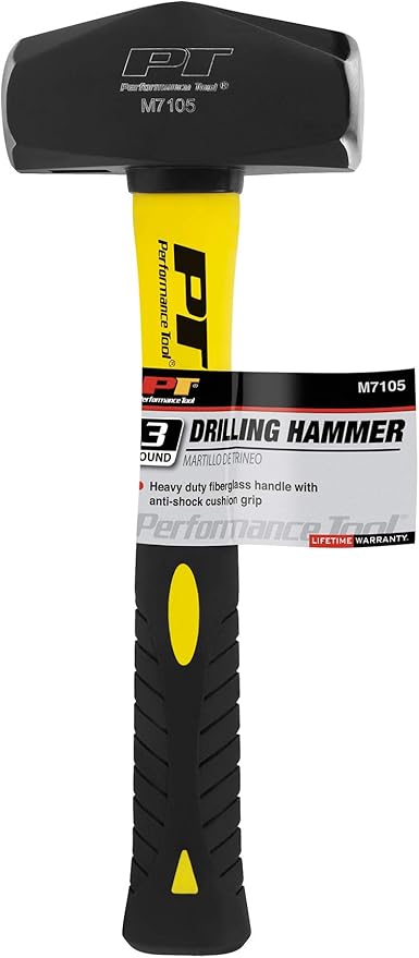 Performance Tool M7105 Heavy Duty Fiberglass Handle Hammer with Anti-Shock Rubber Cushion Grip and Mirror Polished Striking Face, 11-Inch Handle