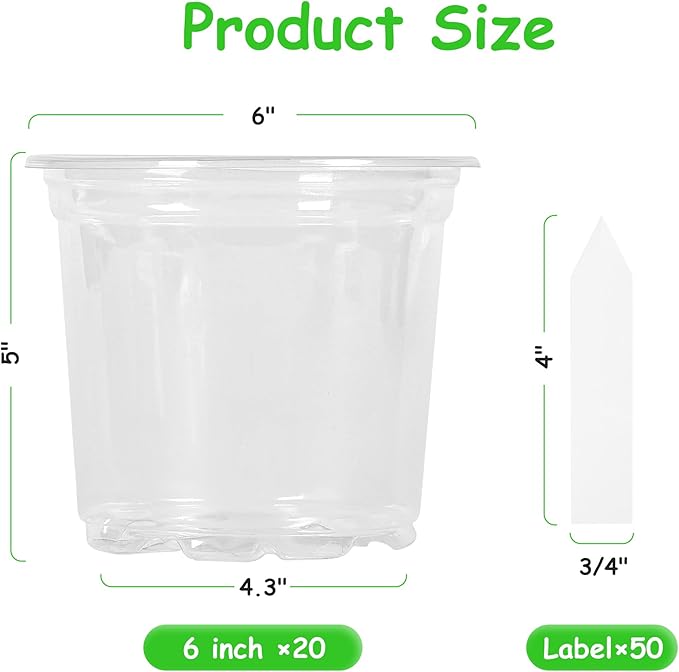 60 Pack 6 Inch Clear Nursery Pots with Drainage Holes, Transparent Plastic Pots for Plants, Reinforced Seed Starter Pots Garden Pots Flower Pots Come with 50pcs Plant Labels