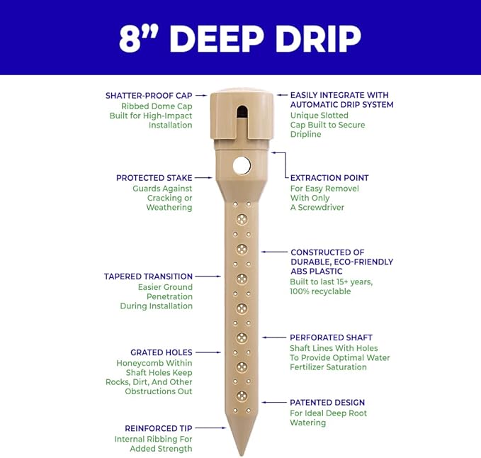 Underhill Deep Drip Irrigation Stakes 8-Inch, Watering Spikes for Trees, Flowers, Fruits, and Small Plants, Drip System Tubes, A-DD08-25, Case of 25