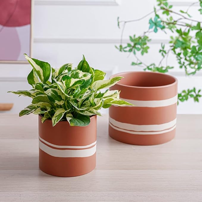 Nihow Modern Ceramic Plant Pot - 5 + 7 Inch Flower Pot for All Indoor Plants - Sturdy Planter Pots with Drainage Hole & Rubber Plugs - Semi-Matte Terracotta & Nature - Plants Not Included