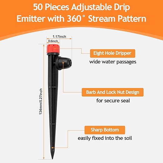 50pcs Drip Emitters for 1/4" Irrigation Tubing, Easy Connect Adjustable 360 Degree Water Flow Irrigation Sprayer On 5" Stake for 4/7mm Tube Locked Irrigation Drippers for Garden Flower Plant