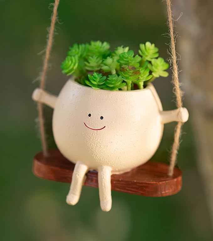 Hanging Planter,Cute Swinging Planter with Smiley Face, for Indoor/Outdoor Plants,Swinging Plant Pot Hanging with Drainage Hole, (Swing,Khaki)