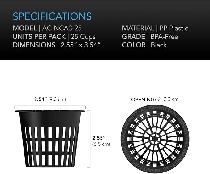 AC Infinity Net Cups 3-Inch, Heavy Duty Garden Slotted Net Pots with Wide Lip Rims, 25-Pack Black Bucket Basket for Indoor Outdoor Growing, Orchids, Aquaponics, Hydroponics