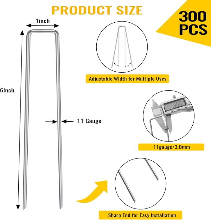 CEWOR 300 Pack Landscape Staples 6 Inches, 11 Gauge Galvanized Metal Garden Stakes Landscaping Landscape Fabric Staples Sod Pins for Lawn, Barrier Fabric, Garden Fence, Ground Cover