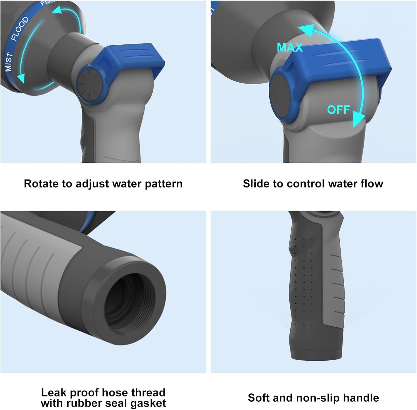 Garden Hose Nozzle heavy Duty - 9 Spray Patterns, High Pressure, Thumb Flow Control, On/Off Valve - Ideal for Lawn Watering, Car Wash & Pet Cleaning