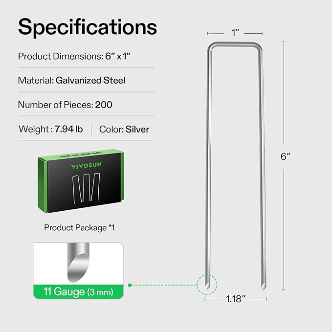 VIVOSUN 6-Inch 200-Pack Garden Stakes, 11-Gauge Galvanized Steel U-Shaped Staples for Landscape Fabric, Ground Cover, Soaker Hose, Irrigation Tubing, and Fence Securing