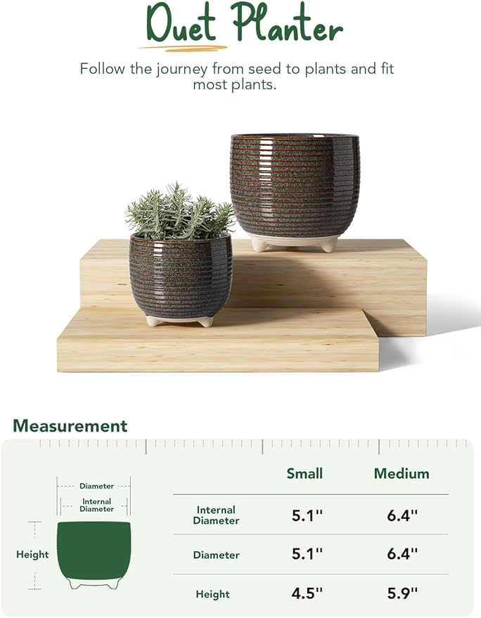 LE TAUCI Ceramic Plant Pots, 5.1 + 6.4 Inch Footed Pots for Plants, Modern Flower Pots for Home and Office, Indoor Planters with Drainage, Reactive Glaze Black