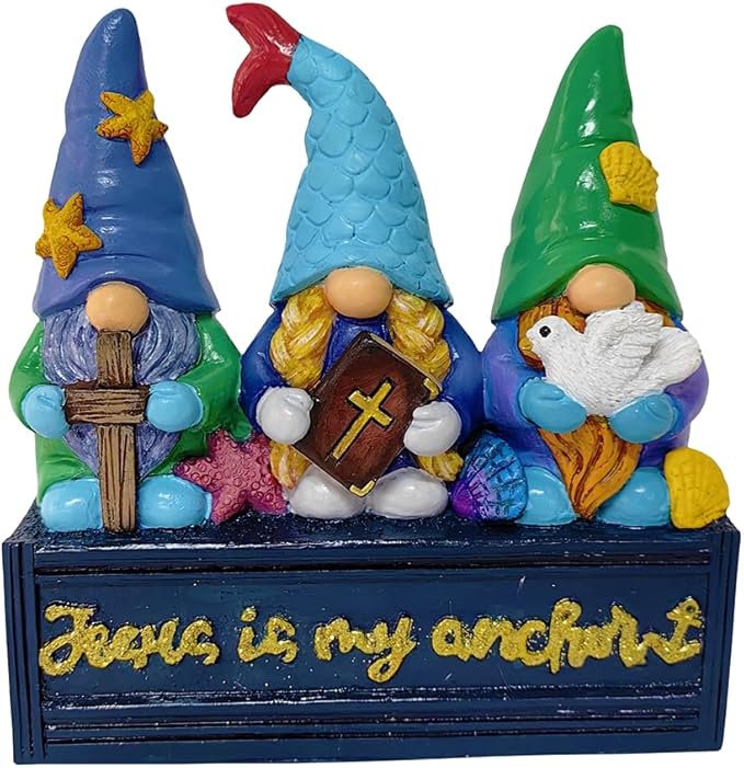 Spring & Summer-Themed Garden Statues – Adorable Outdoor Decor for Lawn, Patio & Porch (Nautical Themed Religious Gnome Figurine, Jesus is My Anchor 6" Beach House Statue)