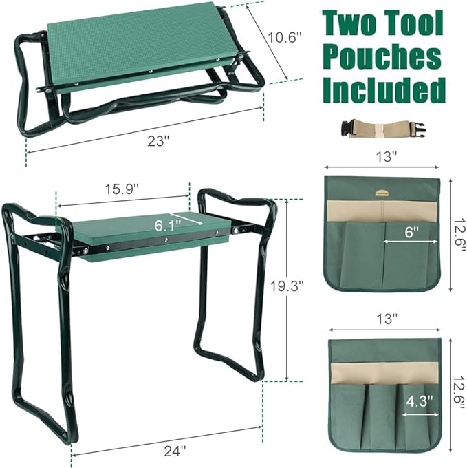 G GOOD GAIN Garden Kneeler Seat Gardening Stool Widen Soft Kneeling Pad with 2 Larger Tool Pouches Outdoor Foldable Sturdy Gardening Tools Gifts for Gardeners, Green