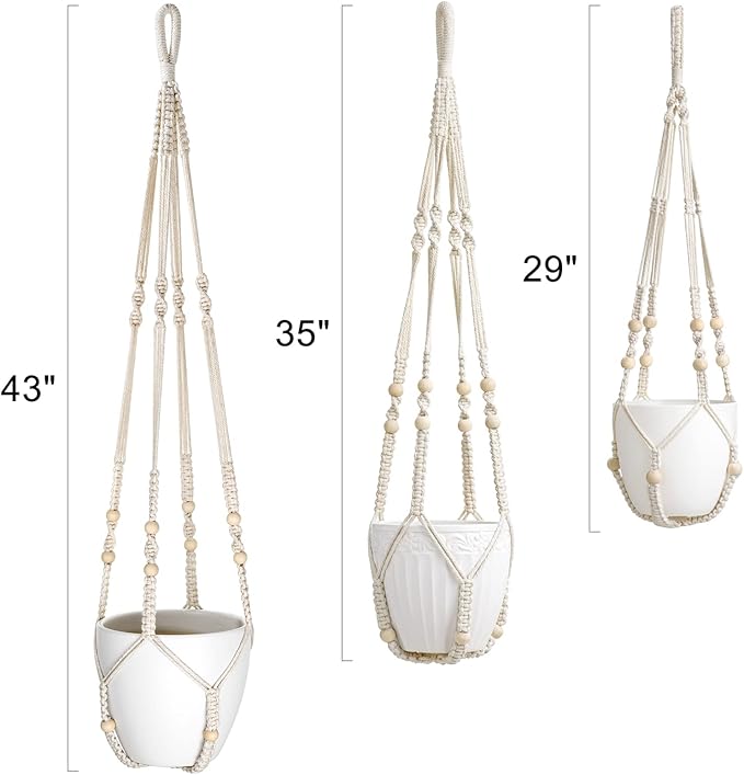 Mkono 3 Pack Macrame Plant Hangers Indoor Different Size Hanging Planter Basket Flower Pot Holder with Beads No Tasselss 43"/35"/29", Large, Ivory